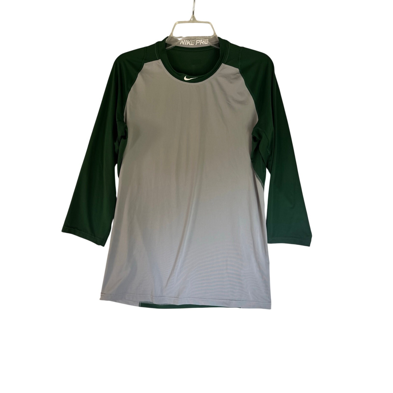 Nike Pro Cool Dri Fit T-Shirt Men's Medium 3/4 Sleeve Slim Fit Swoosh Gray Green